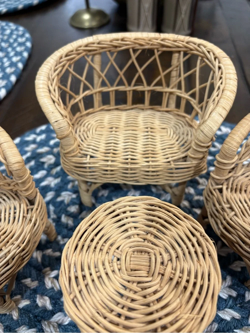 Vintage 70's  80's Natural Wicker Doll House Chair and Table Set